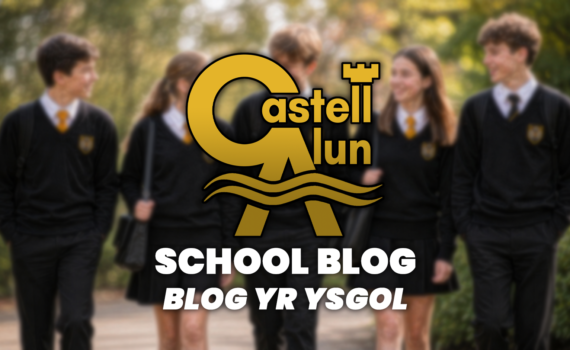 Promotional School Blog graphic showing blurred students in Castell Alun uniform walking outdoors, with the Castell Alun logo and the text “School Blog / Blog yr Ysgol” overlaid