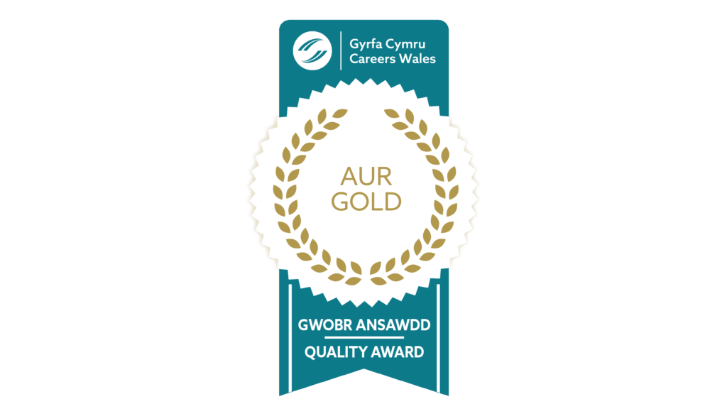 The Careers Wales Gold Quality Award logo, featuring a gold laurel wreath and bilingual Welsh and English text recognising achievement in careers education and guidance