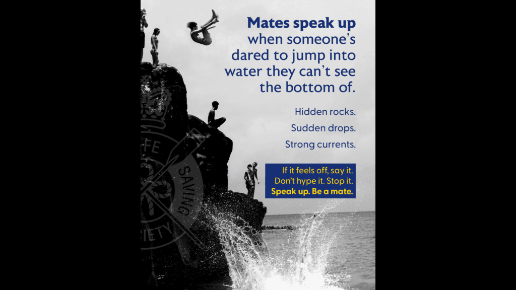 A water safety awareness poster showing people jumping from rocks into open water, highlighting the dangers of hidden hazards beneath the surface and encouraging young people to speak up if something feels unsafe
