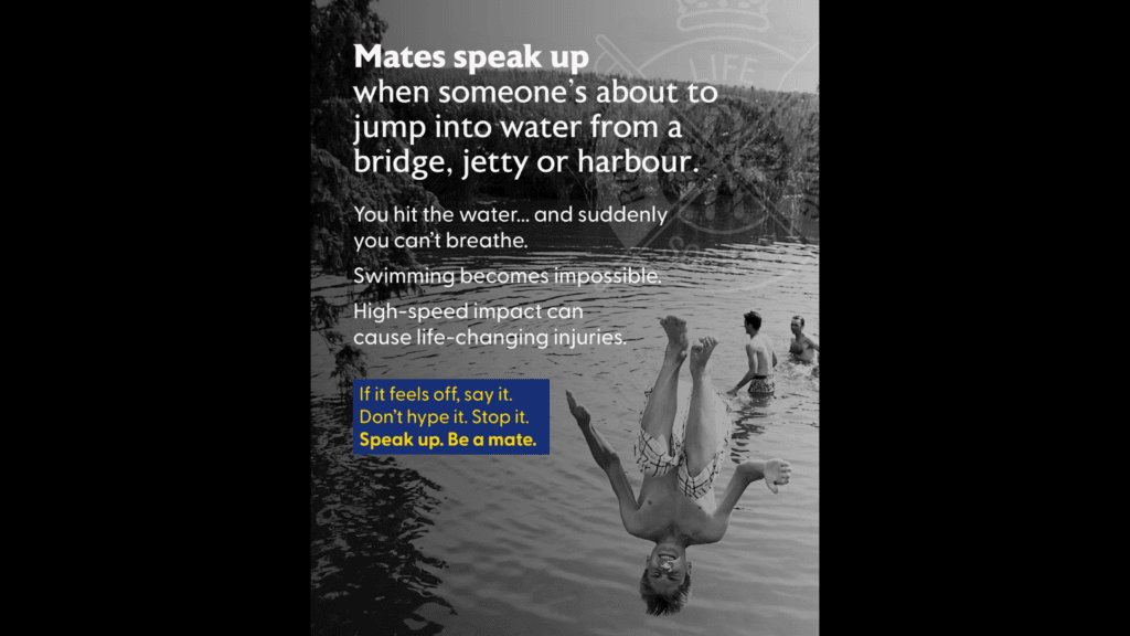 A water safety poster warning about the dangers of jumping into water from bridges, jetties and harbours, featuring people swimming and encouraging young people to challenge risky behaviour