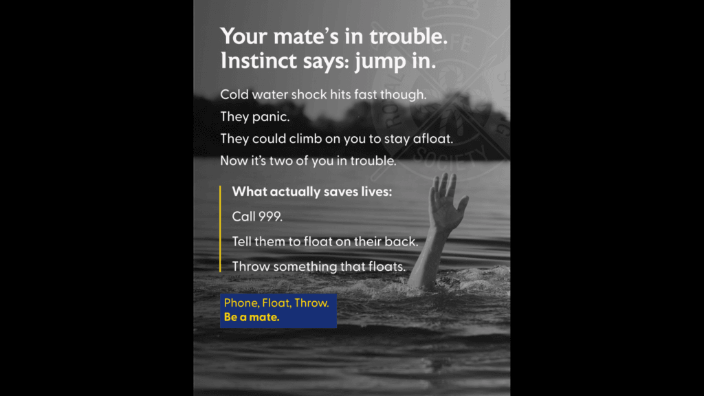 A water safety poster explaining what to do if someone is in difficulty in the water, advising people to call emergency services, encourage floating and throw something that floats rather than entering the water themselves