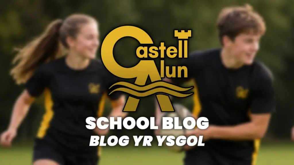 Promotional School Blog graphic showing two students in Castell Alun PE kit running outdoors, with the Castell Alun logo overlaid above the text “School Blog” and “Blog yr Ysgol”.