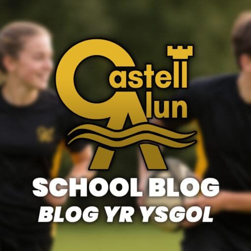 Promotional School Blog graphic showing two students in Castell Alun PE kit running outdoors, with the Castell Alun logo overlaid above the text “School Blog” and “Blog yr Ysgol”.
