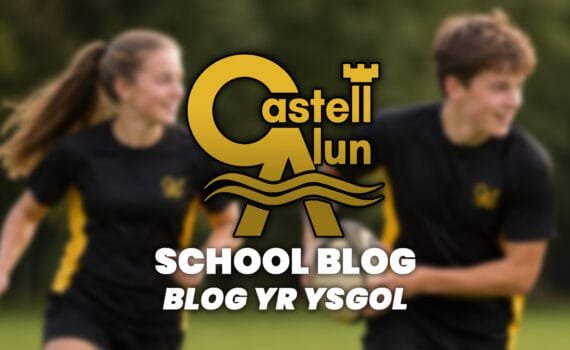 Promotional School Blog graphic showing two students in Castell Alun PE kit running outdoors, with the Castell Alun logo overlaid above the text “School Blog” and “Blog yr Ysgol”.