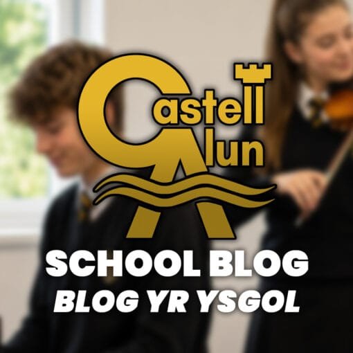 Promotional School Blog graphic showing a blurred music classroom scene with one student playing keyboard and another playing violin, overlaid with the Castell Alun logo and the text “School Blog” and “Blog yr Ysgol”.