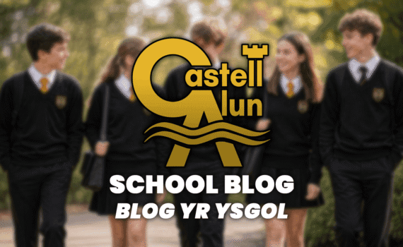 Promotional School Blog graphic showing blurred students in Castell Alun uniform walking outdoors, with the Castell Alun logo and the text “School Blog / Blog yr Ysgol” overlaid