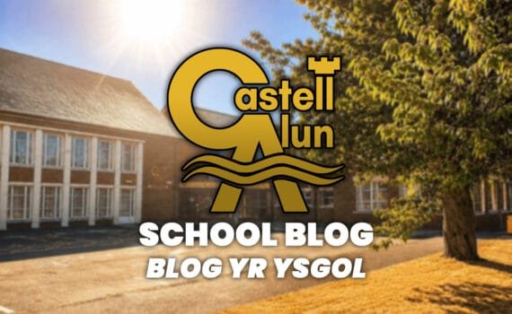 Promotional School Blog graphic showing the Castell Alun logo over a sunny school building background, with the text “School Blog” and “Blog yr Ysgol” displayed underneath.