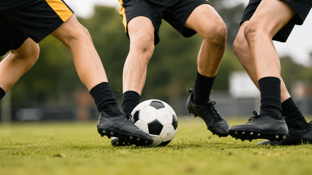 Promotional School Blog graphic showing a close-up action shot of students in black and gold PE kit contesting a football on a grass pitch.