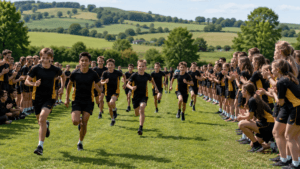 Students taking part in a school race while classmates cheer them on from both sides.