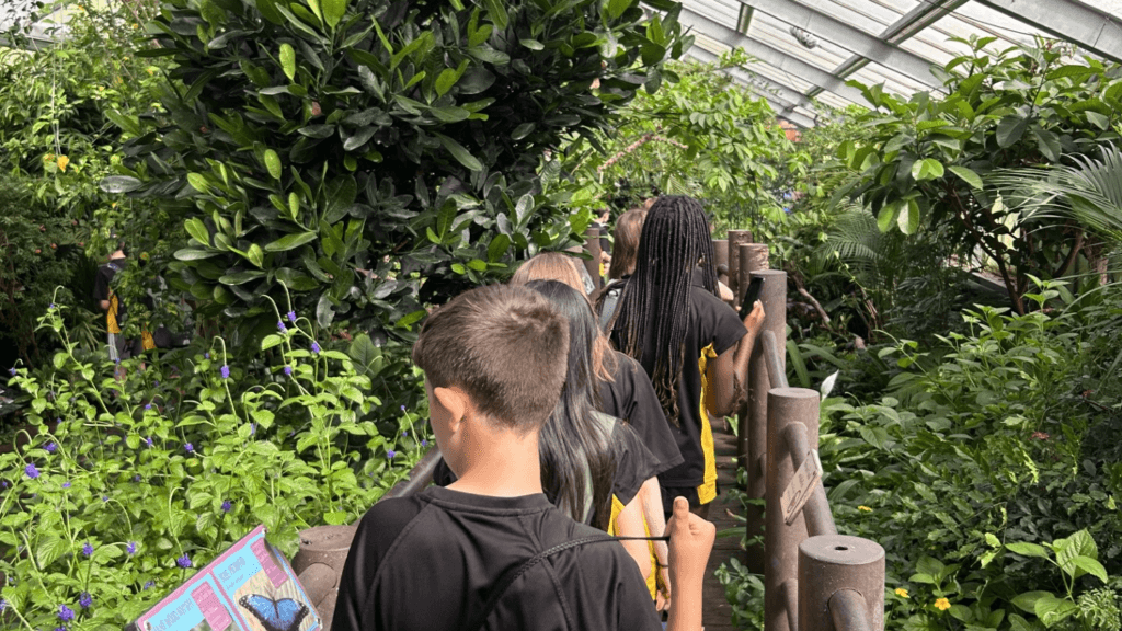 Group of students walking along a narrow path through a lush indoor tropical garden or butterfly house. Dense green foliage surrounds the walkway, and an informational sign about butterflies is visible in the foreground beneath a glasshouse roof.