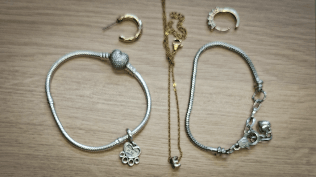 Collection of jewellery arranged on a wooden surface, including two silver-coloured bracelets, a gold-coloured chain necklace with a small pendant, and two matching hoop-style earrings. One bracelet features a paw-print charm and the other includes decorative hanging charms.