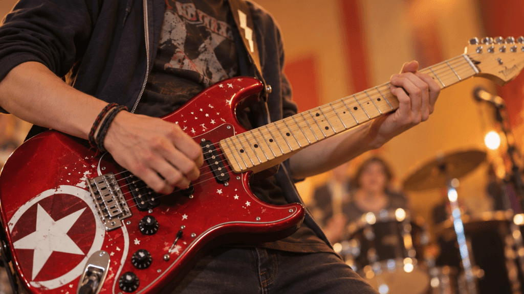 Close-up of a red electric guitar being played during a school music performance, with warm stage lighting and other performers softly blurred in the background.