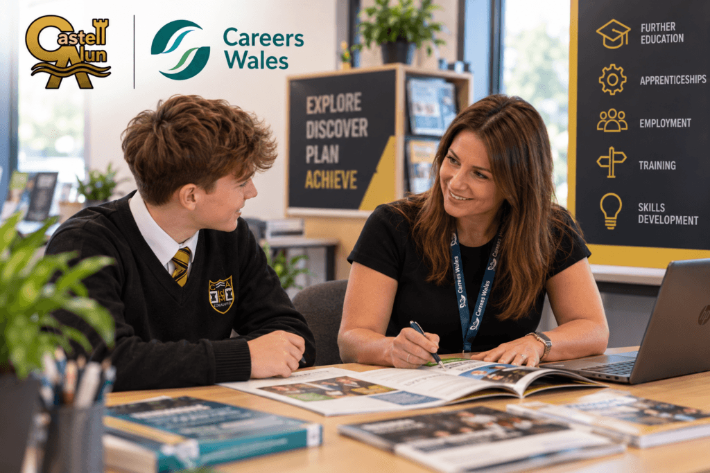 Student in school uniform meeting with a Careers Wales adviser at a table covered with prospectuses and information leaflets. Careers guidance displays in the background promote options including further education, apprenticeships, employment, training, and skills development.