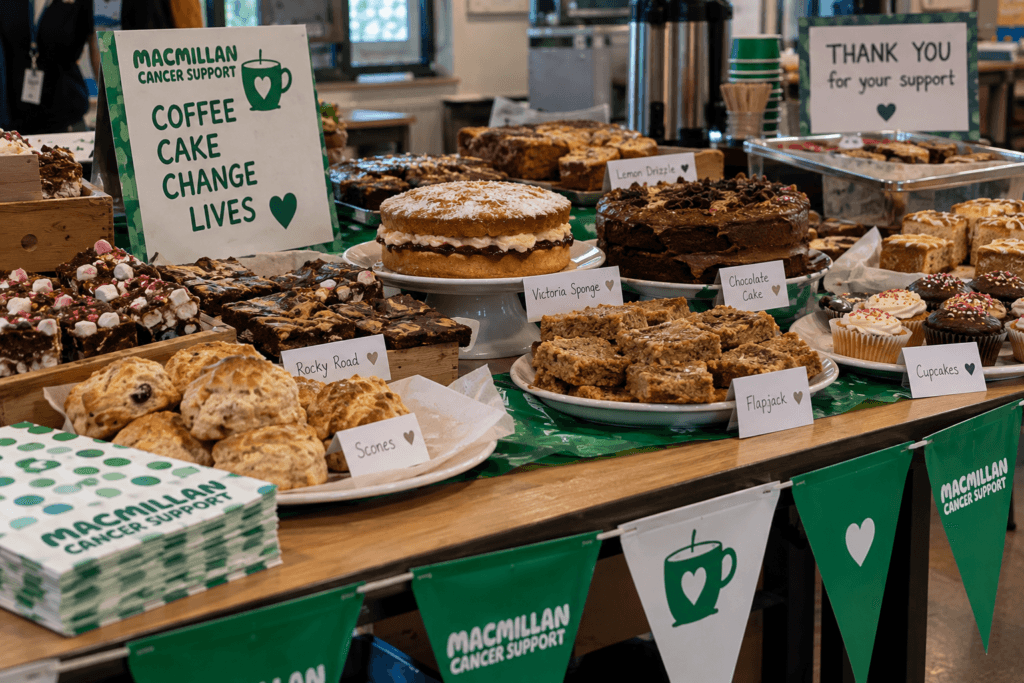 Macmillan Cancer Support coffee morning stall displaying a wide selection of homemade cakes, brownies, flapjacks, scones, cupcakes, and traybakes. Green Macmillan bunting and signs reading “Coffee, Cake, Change Lives” and “Thank You for Your Support” decorate the table.