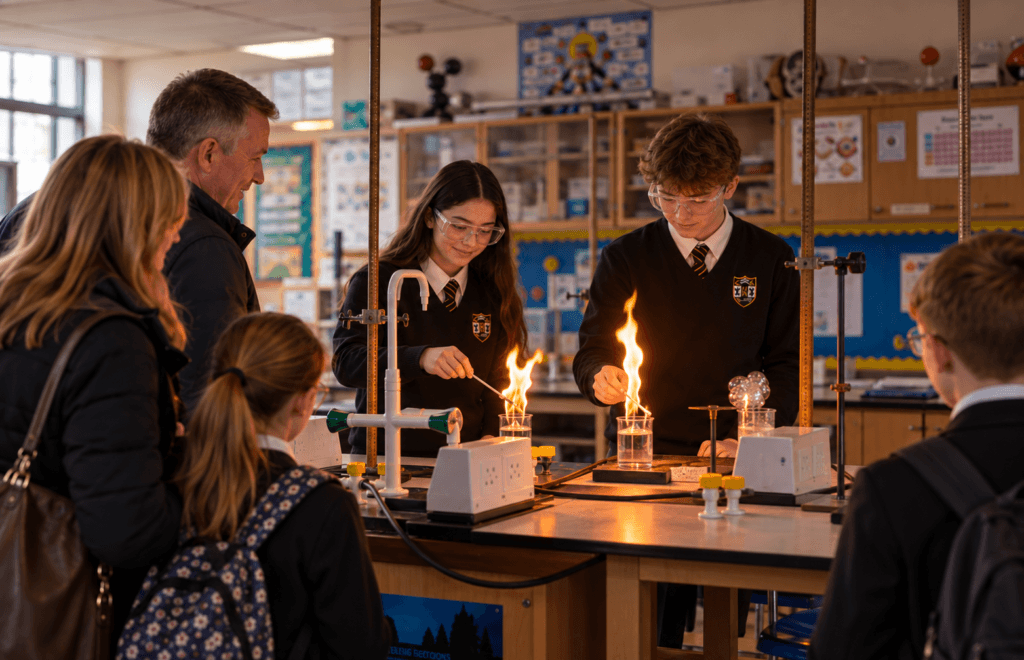 Science laboratory demonstration with students in school uniform wearing safety goggles and carrying out an experiment involving flames in beakers. Visitors observe from around the bench while laboratory equipment and science displays are visible in the classroom background.