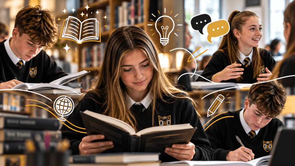 Students in school uniform studying in a library or learning resource centre. A student in the centre is reading a book while other students are writing and discussing work at nearby tables. Illustrated graphics, including a book, lightbulb, speech bubbles, globe, and pencil, are overlaid to represent reading, learning, ideas, communication, and academic achievement.