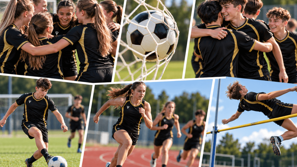 Collage of school sports activities featuring students in black and gold sports kits. Images include a football in a goal net, teammates gathered in a huddle, students celebrating together, a player dribbling a football, athletes sprinting on a track, and a high-jump event. The montage highlights teamwork, participation, and sporting achievement.