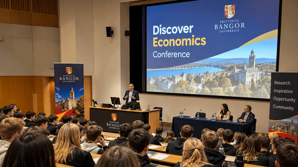 Students attending a “Discover Economics Conference” at Bangor University. A speaker addresses the audience from the front of a lecture theatre while presentation slides, university branding, and a panel discussion table are displayed on stage.