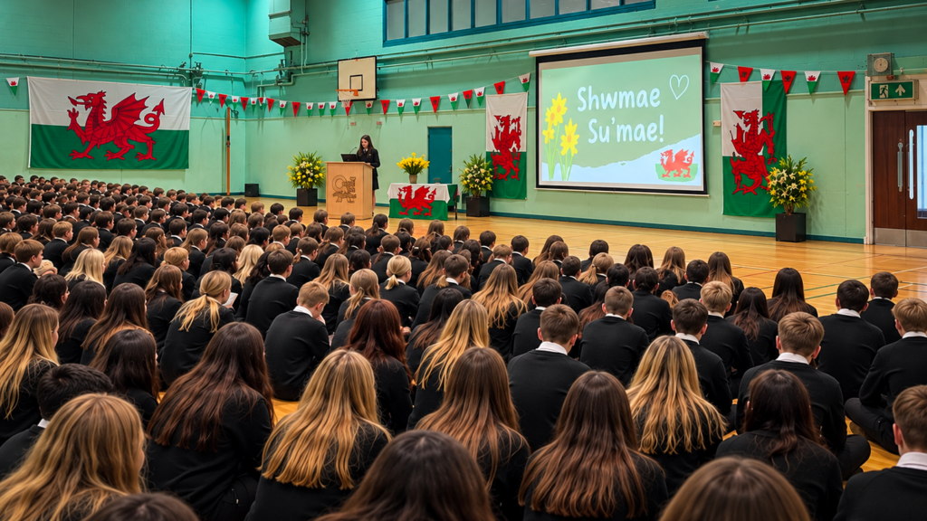 Whole-school assembly in a sports hall decorated with Welsh flags and daffodil displays. A presentation screen displays the bilingual greeting “Shwmae Su’mae!”, while students sit facing a speaker at a lectern during a Welsh language celebration event.