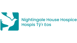 Logo of Nightingale House Hospice (Hospis Tŷ’r Eos) featuring a white dove silhouette on a teal background alongside bilingual text reading “Nightingale House Hospice” and “Hospis Tŷ’r Eos.”