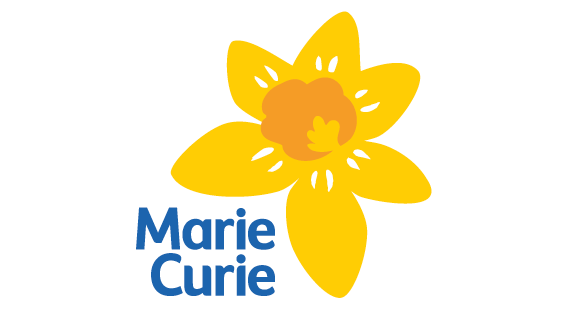 Marie Curie charity logo featuring a stylised yellow daffodil flower with blue text reading “Marie Curie” on a light grey background.