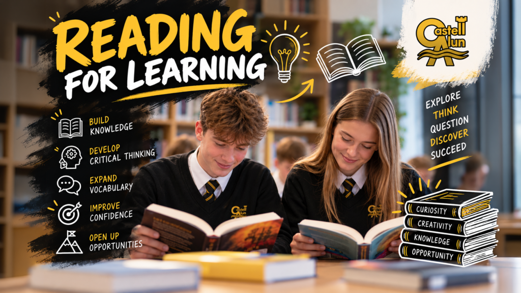 Promotional poster for reading and literacy at Castell Alun. Two students in school uniform are reading books in a library, alongside messages highlighting the benefits of reading, including building knowledge, developing critical thinking, expanding vocabulary, improving confidence, and opening up opportunities. Illustrated book, lightbulb, and learning-themed graphics accompany the display.