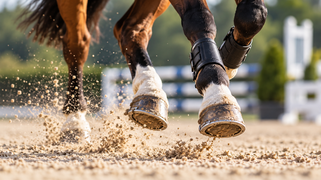 Close-up of a horse’s hooves in motion, kicking up sand in an outdoor equestrian arena.