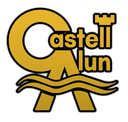 Castell Alun logo featuring a stylised gold letter “A” with a castle turret, the words “Castell Alun”, and flowing wave elements beneath the text.