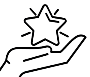 Open hand icon holding a star above the palm, outlined in black with simple line-art styling to represent recognition, achievement or support.