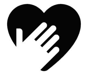 Heart-shaped icon with a hand placed across the centre, shown in a simple black silhouette design to represent care, wellbeing or support.